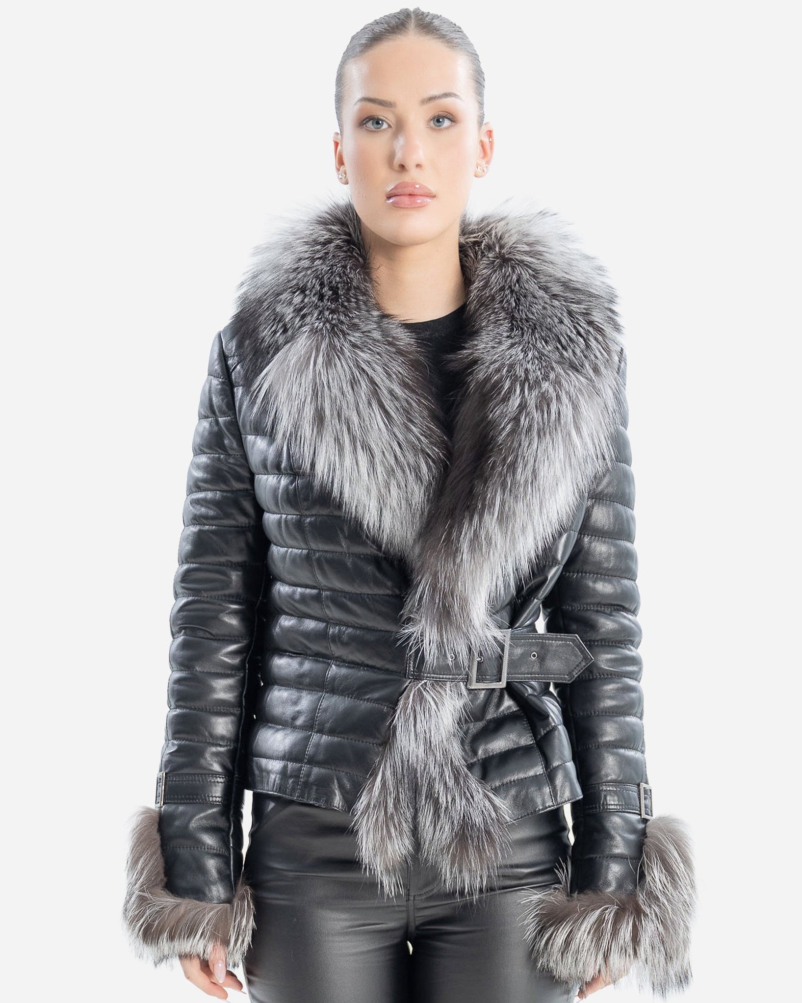 Gianna Women's Leather Coat with Silver Fox Fur