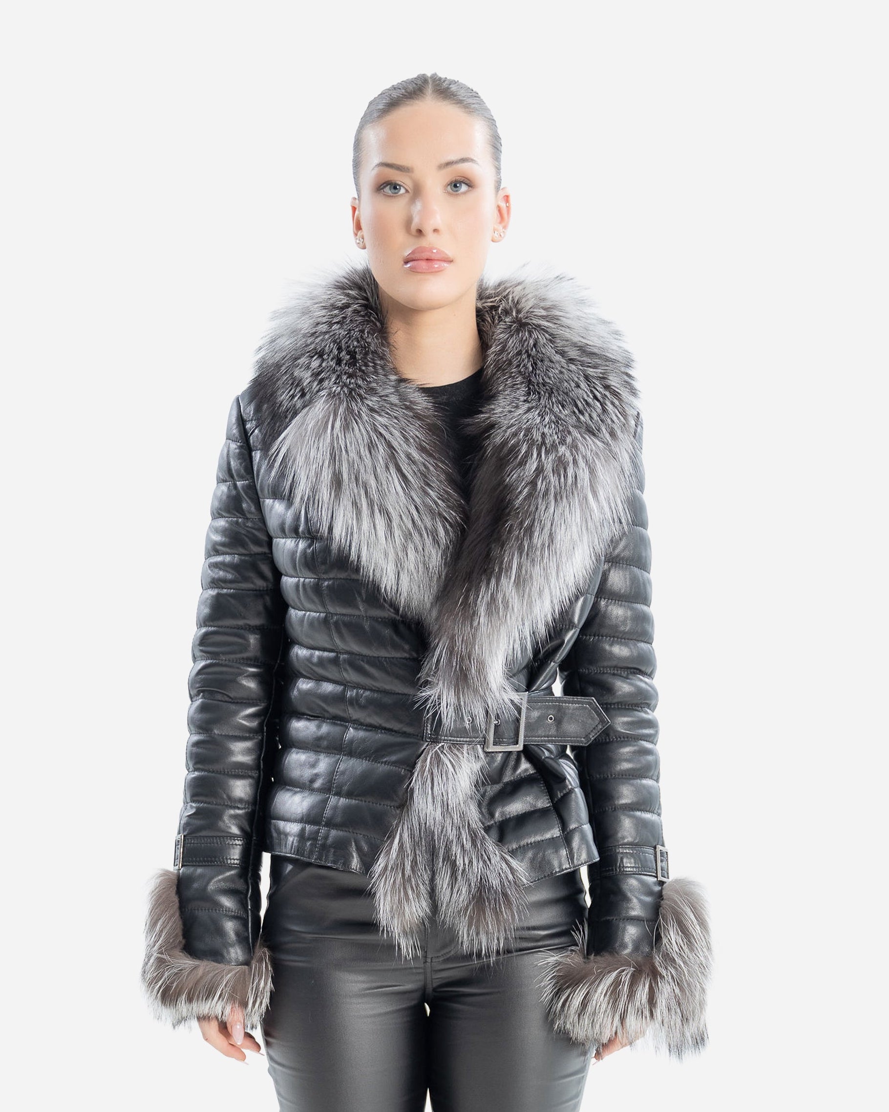 Gianna Women's Leather Coat with Silver Fox Fur