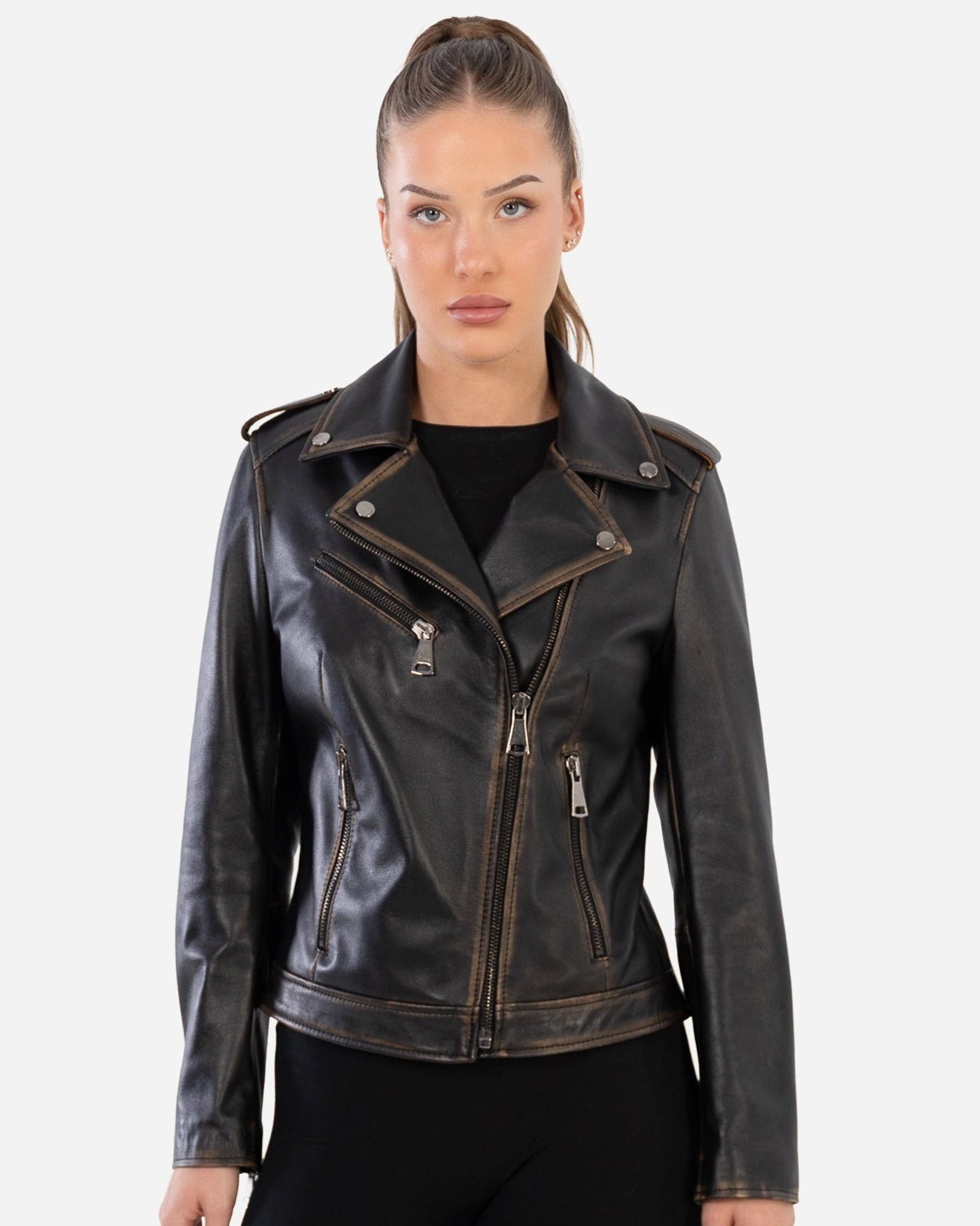 Thalia Vintage Leather Jacket with distressed finish