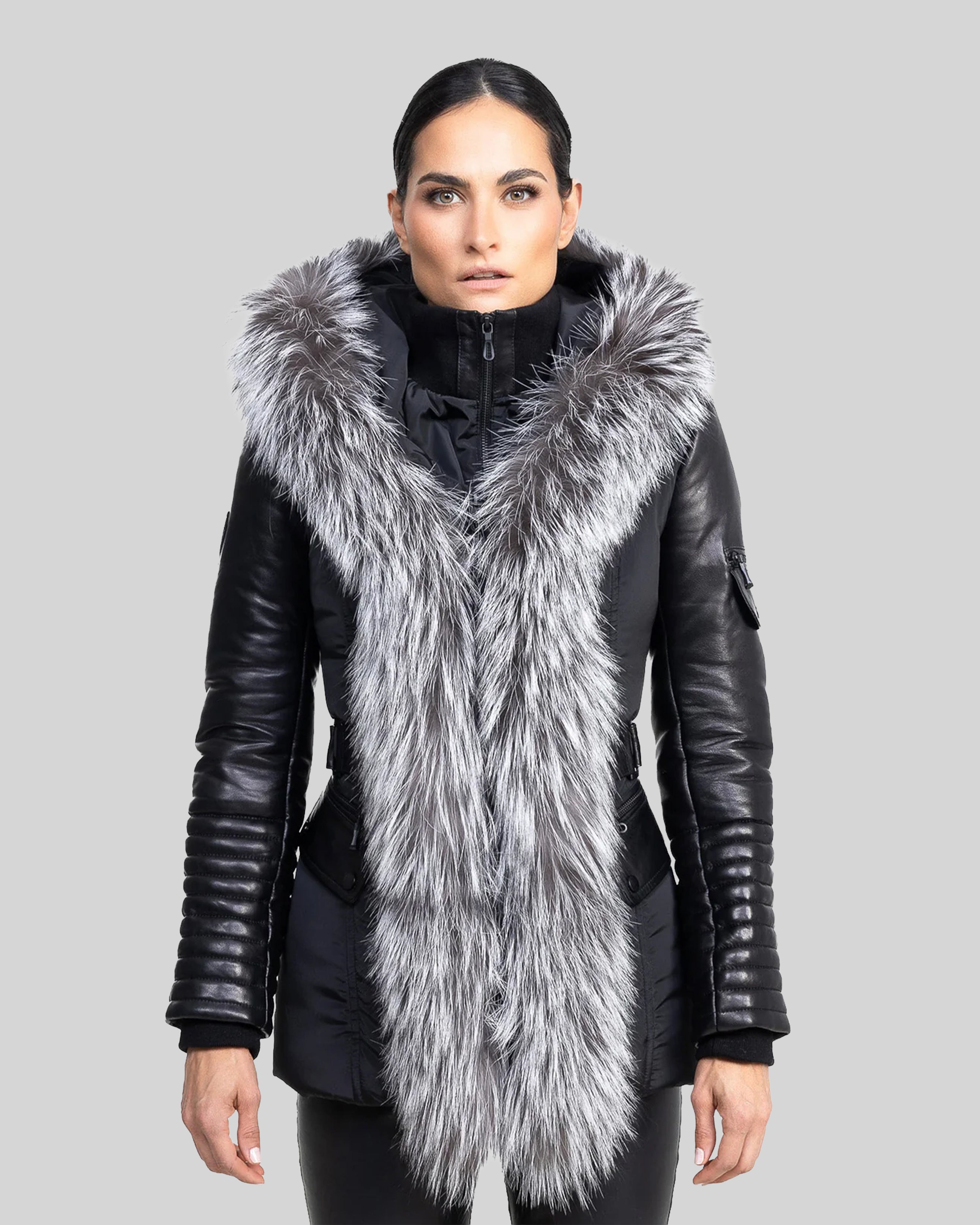 Kim Leather Sleeve Jacket with Silver Fox Fur