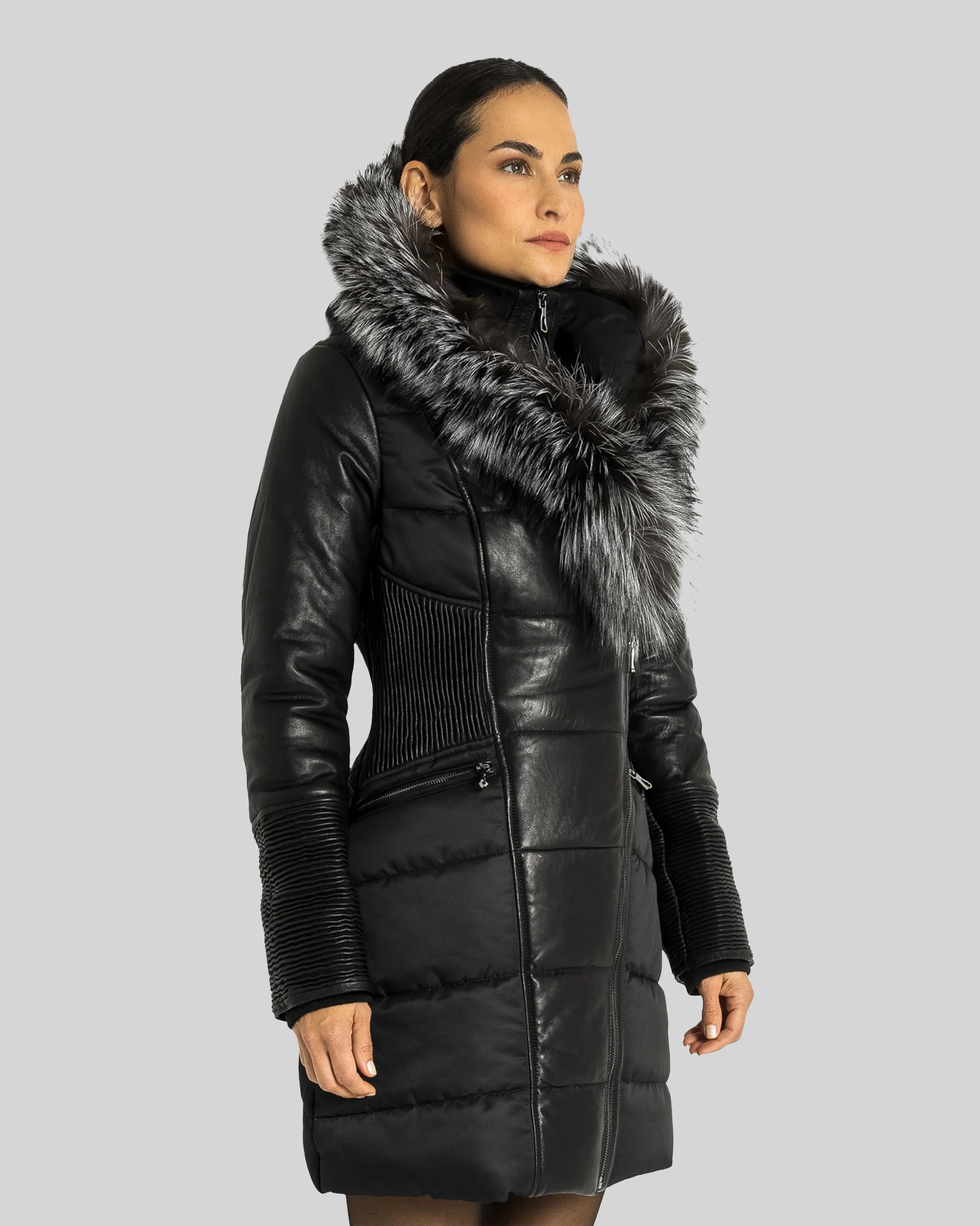 Kylie Leather Sleeve Parka - Silver Fox