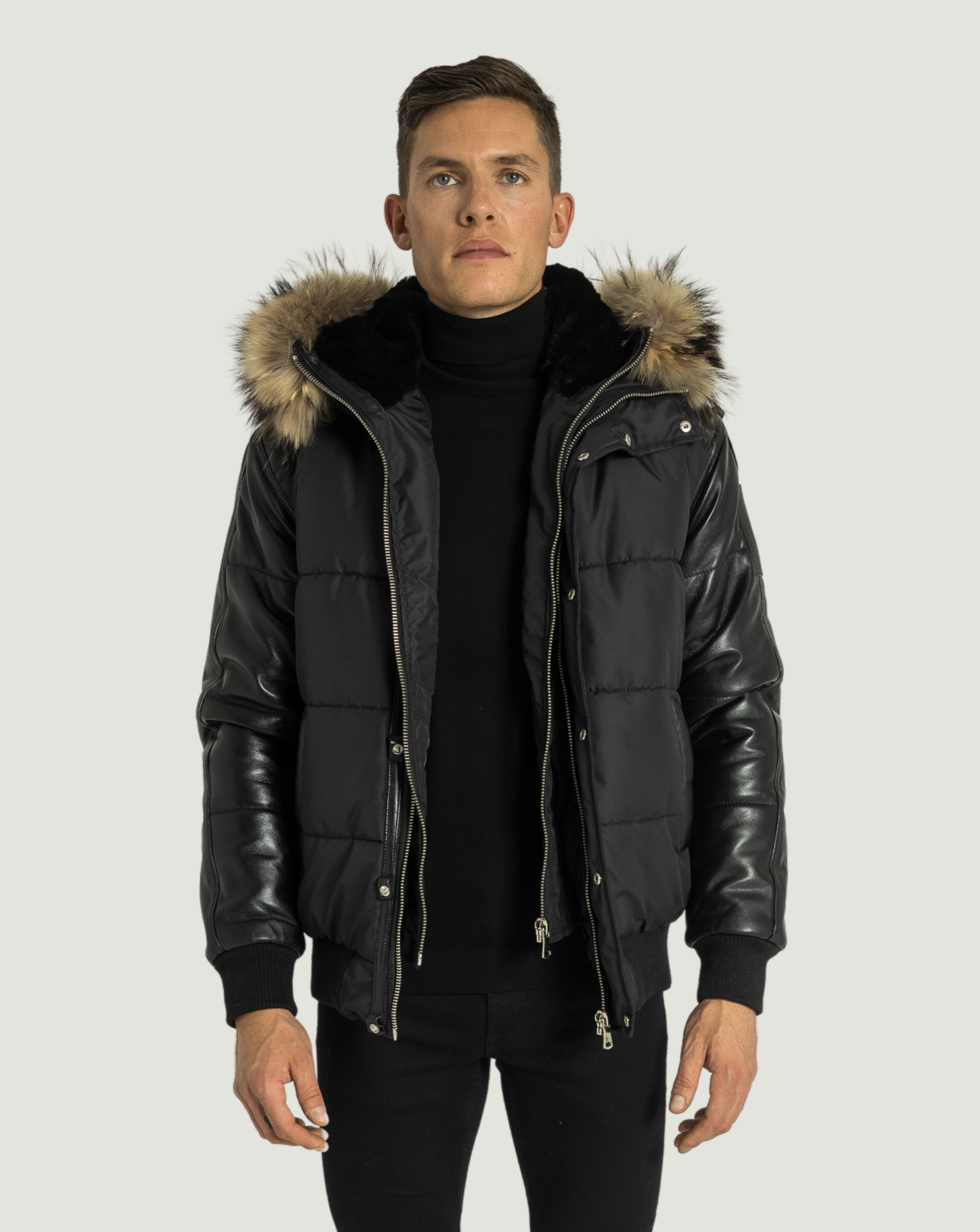 Lorenzo Down Bomber With Leather Sleeves