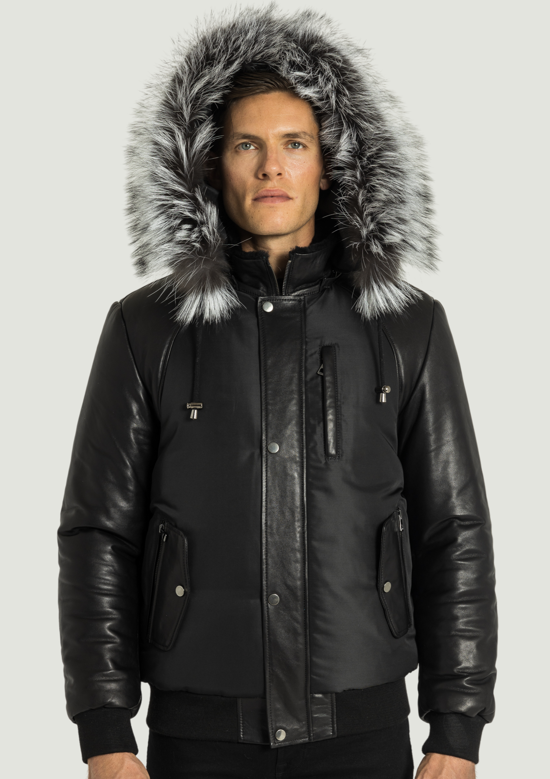 Victor Men's Winter Jacket Leather Sleeves With Silver Fox