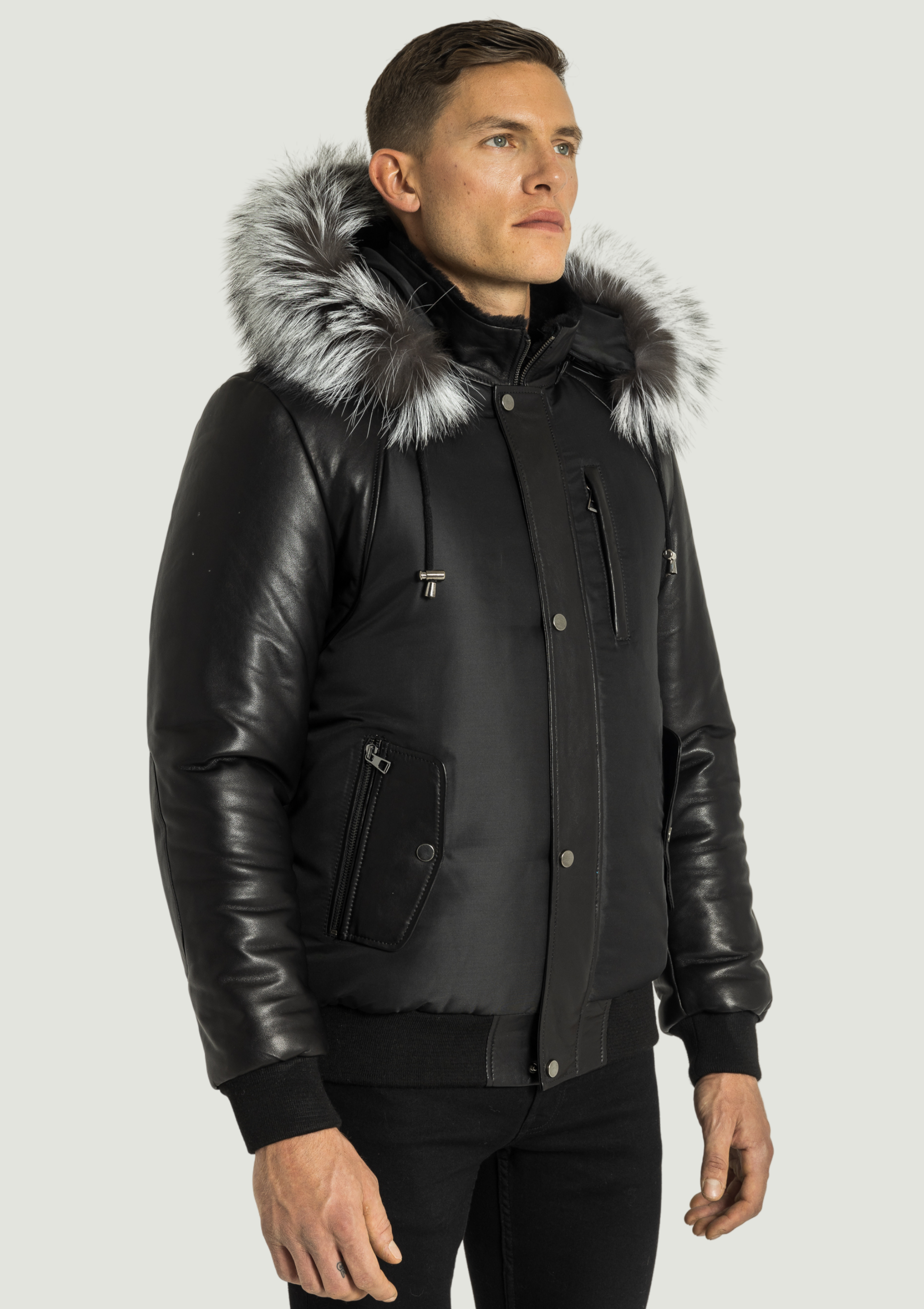 Victor Men's Winter Jacket Leather Sleeves With Silver Fox