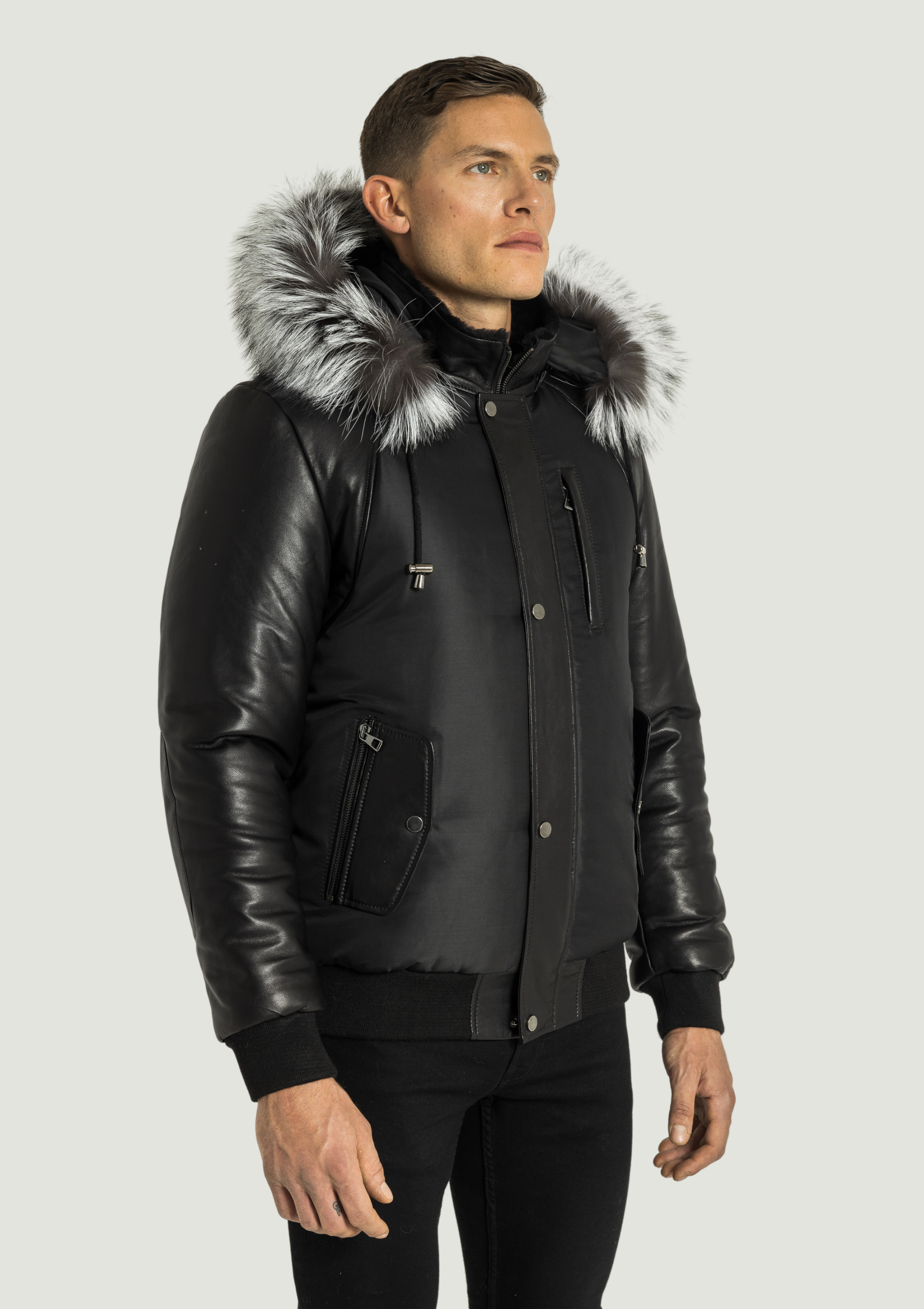 Victor Men's Winter Jacket Leather Sleeves With Silver Fox