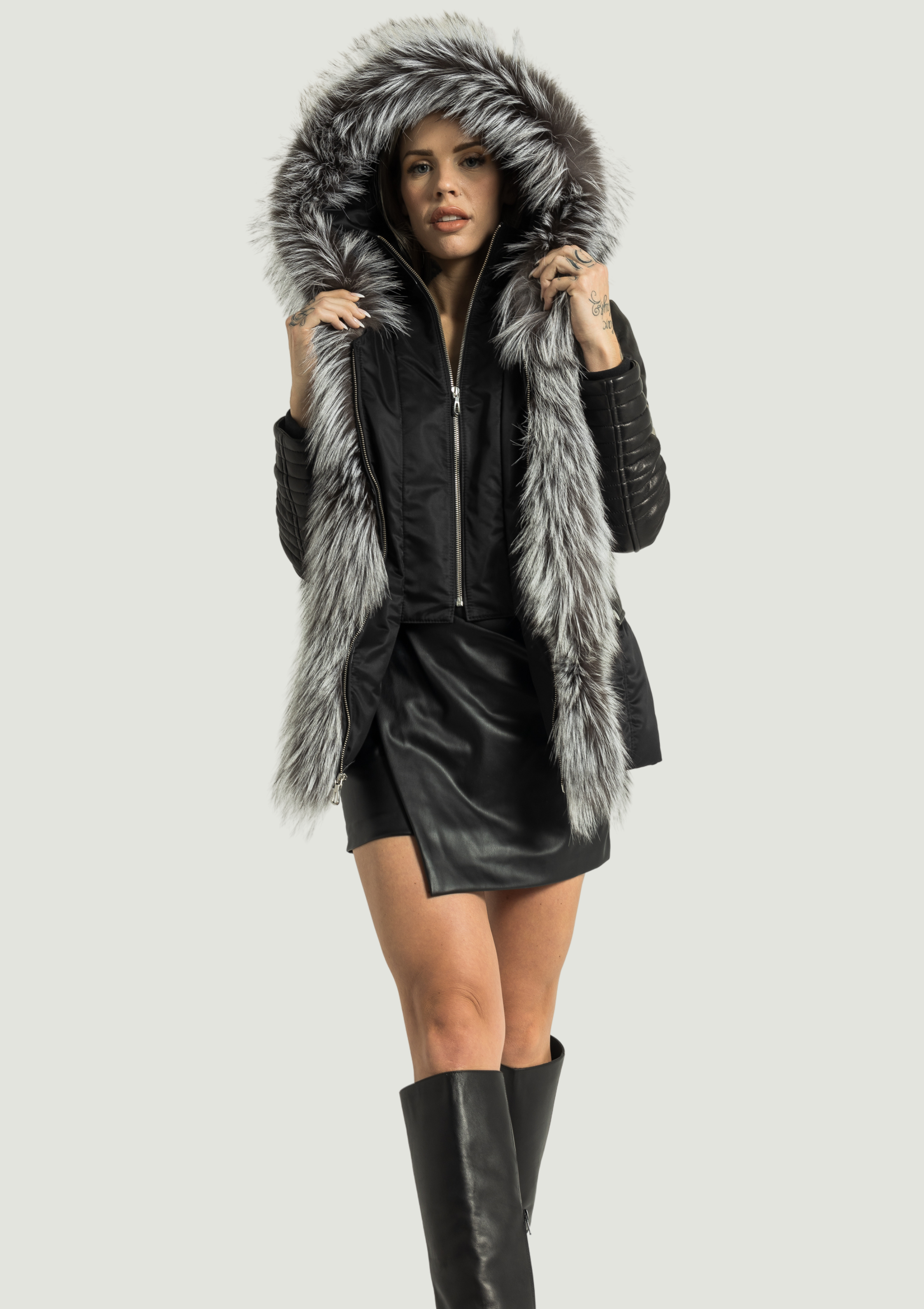 Kim Leather Sleeve Jacket with Silver Fox Fur