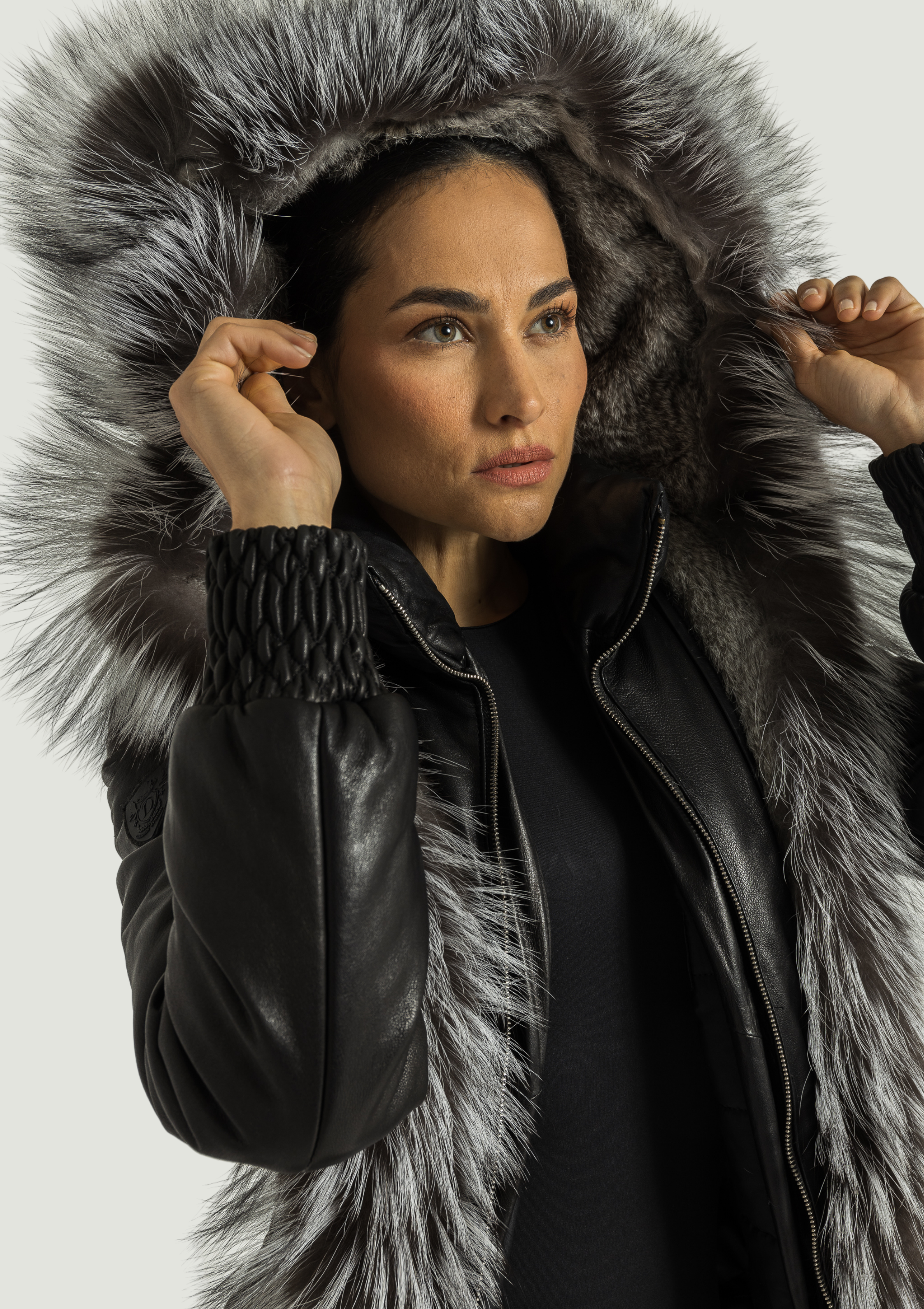 Essen  Leather Puffer with removable Silver Fox Fur