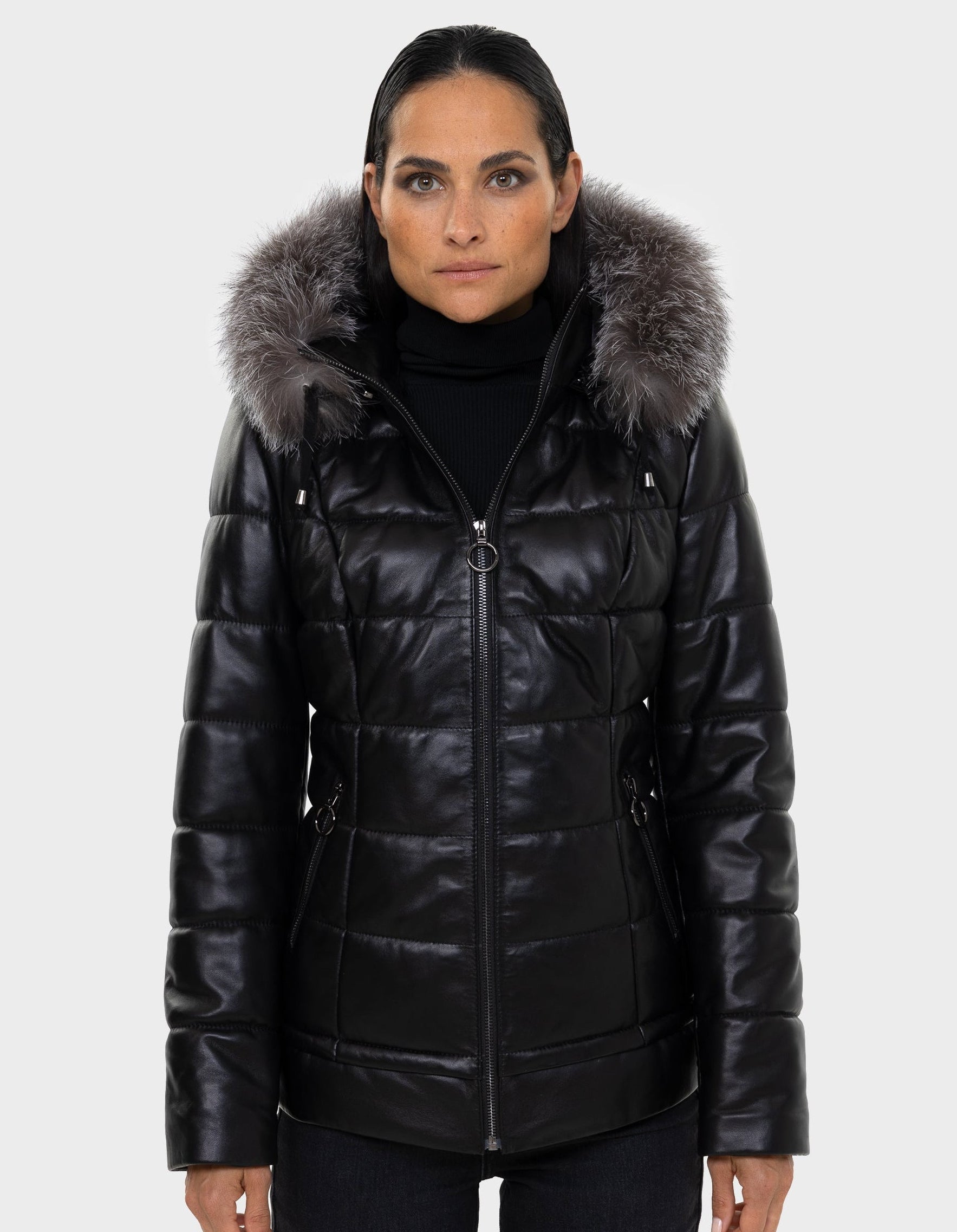 Lyanna Women's Leather Down Coat with Removable Fur