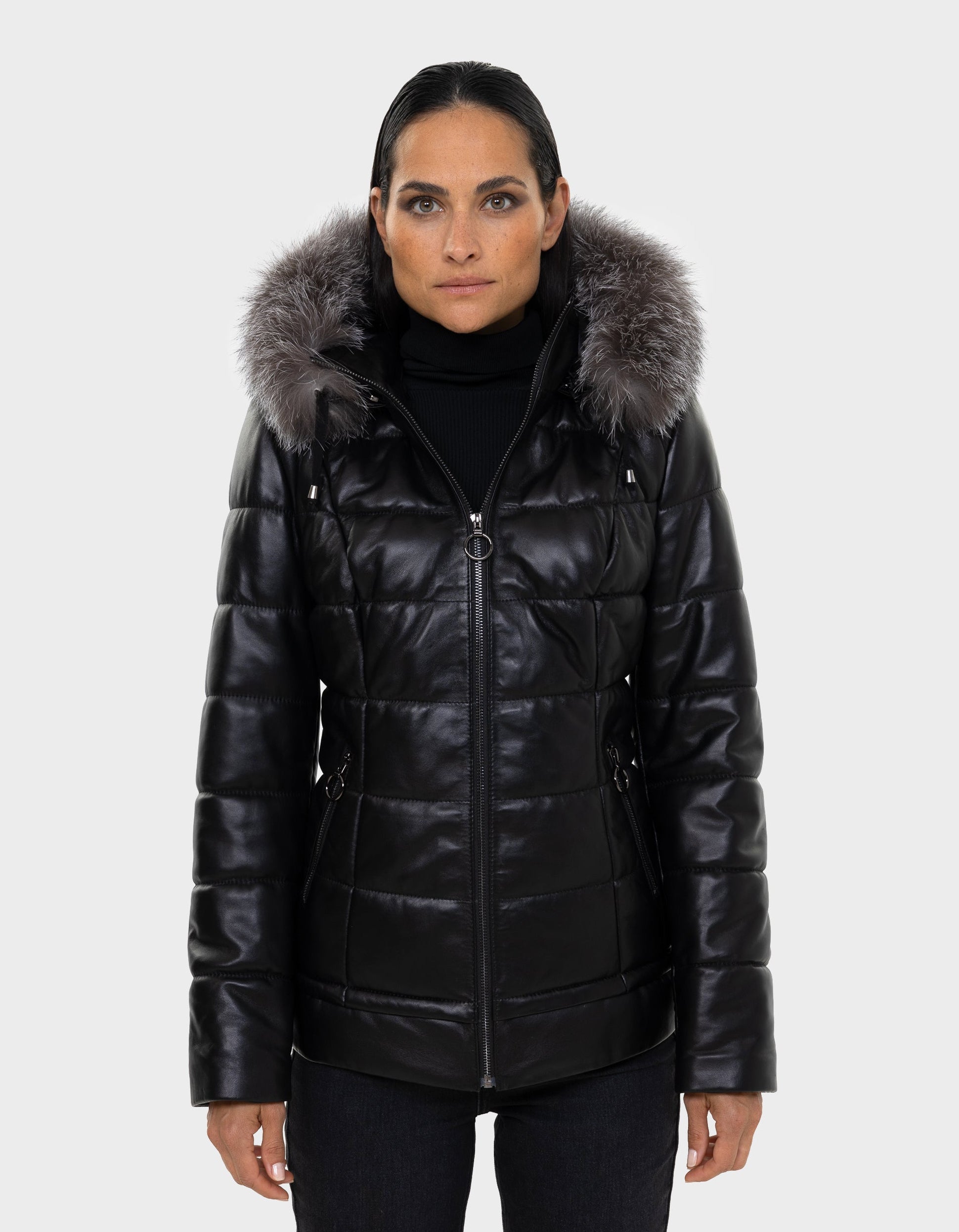 Manteau en cuir et duvet pour femme Lyanna avec fourrure amovible