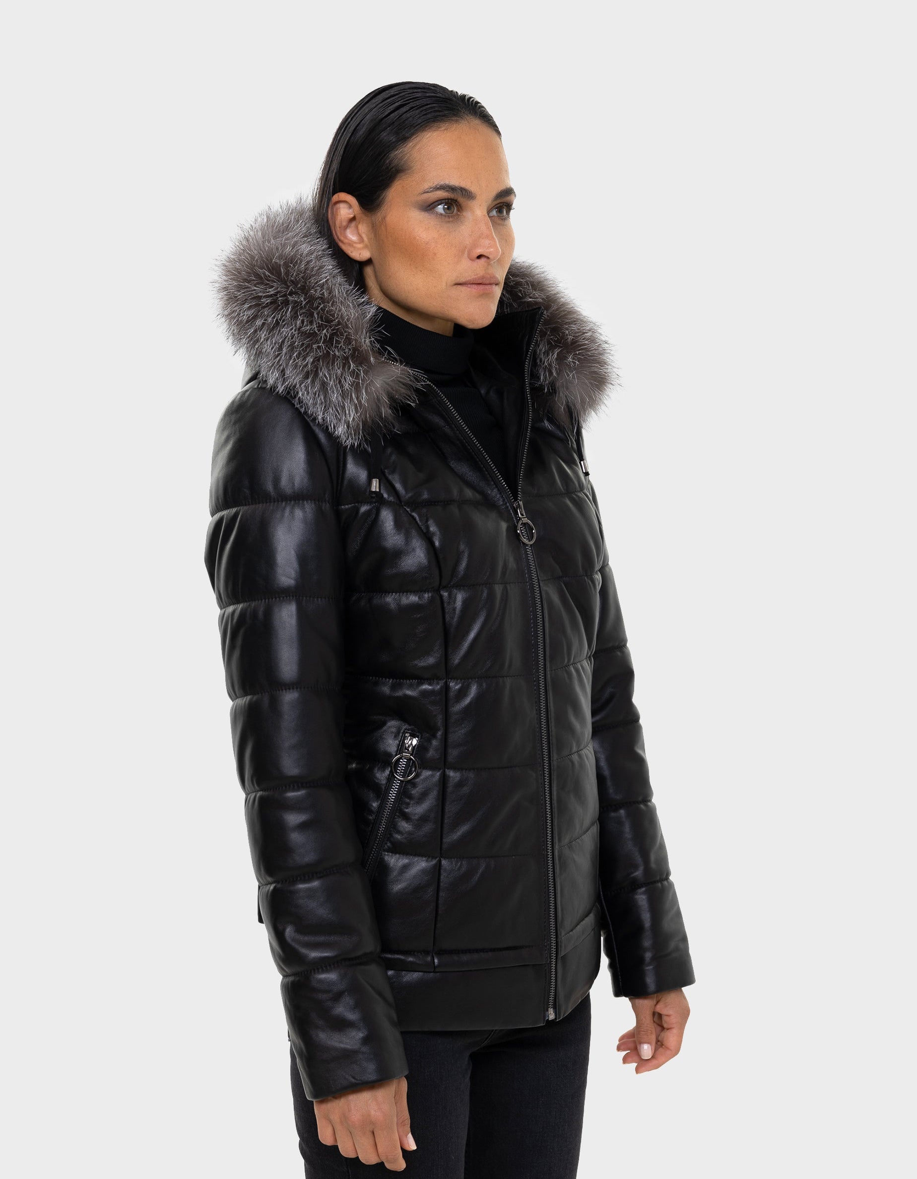Lyanna Women's Leather Down Coat with Removable Fur