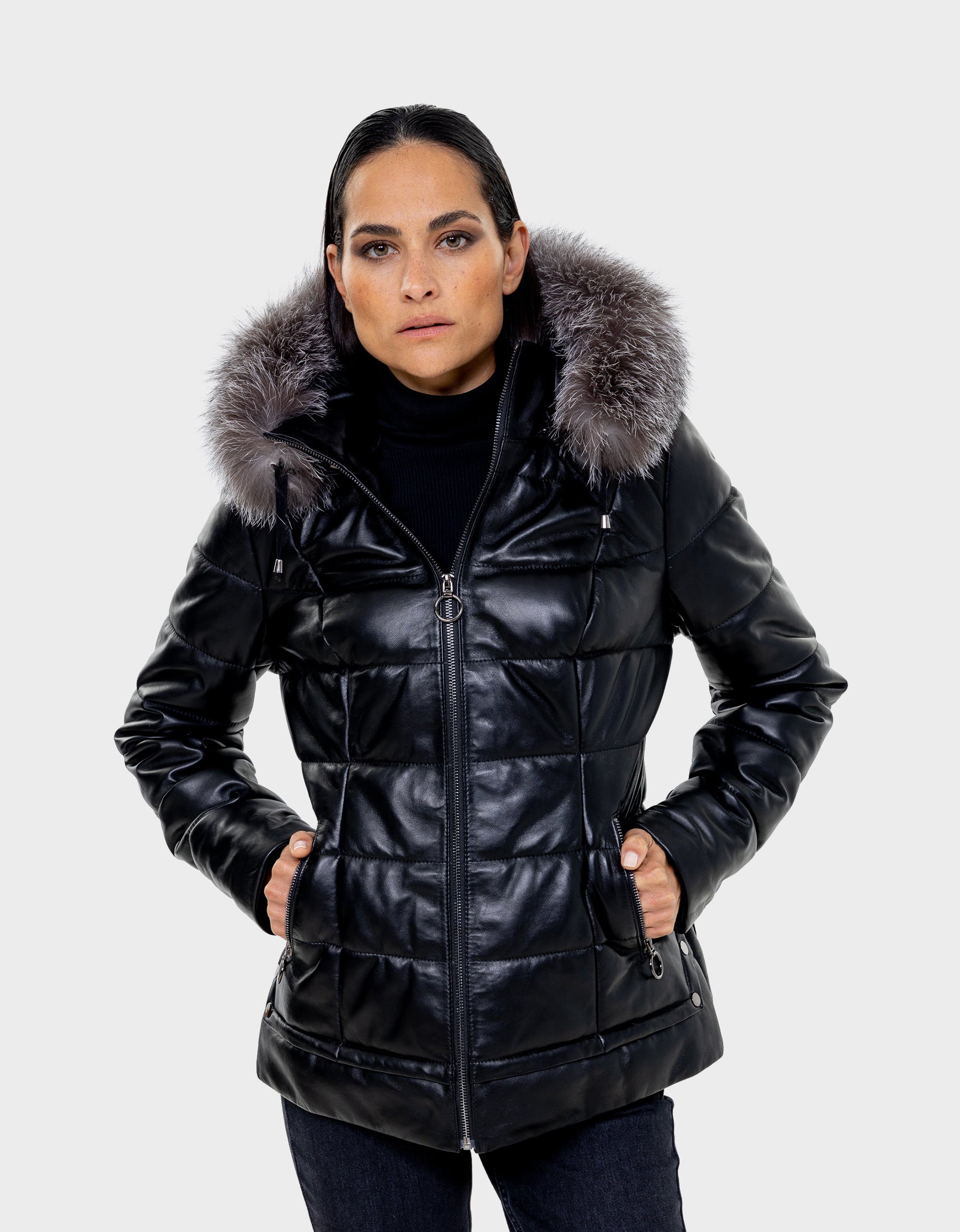 Manteau en cuir et duvet pour femme Lyanna avec fourrure amovible