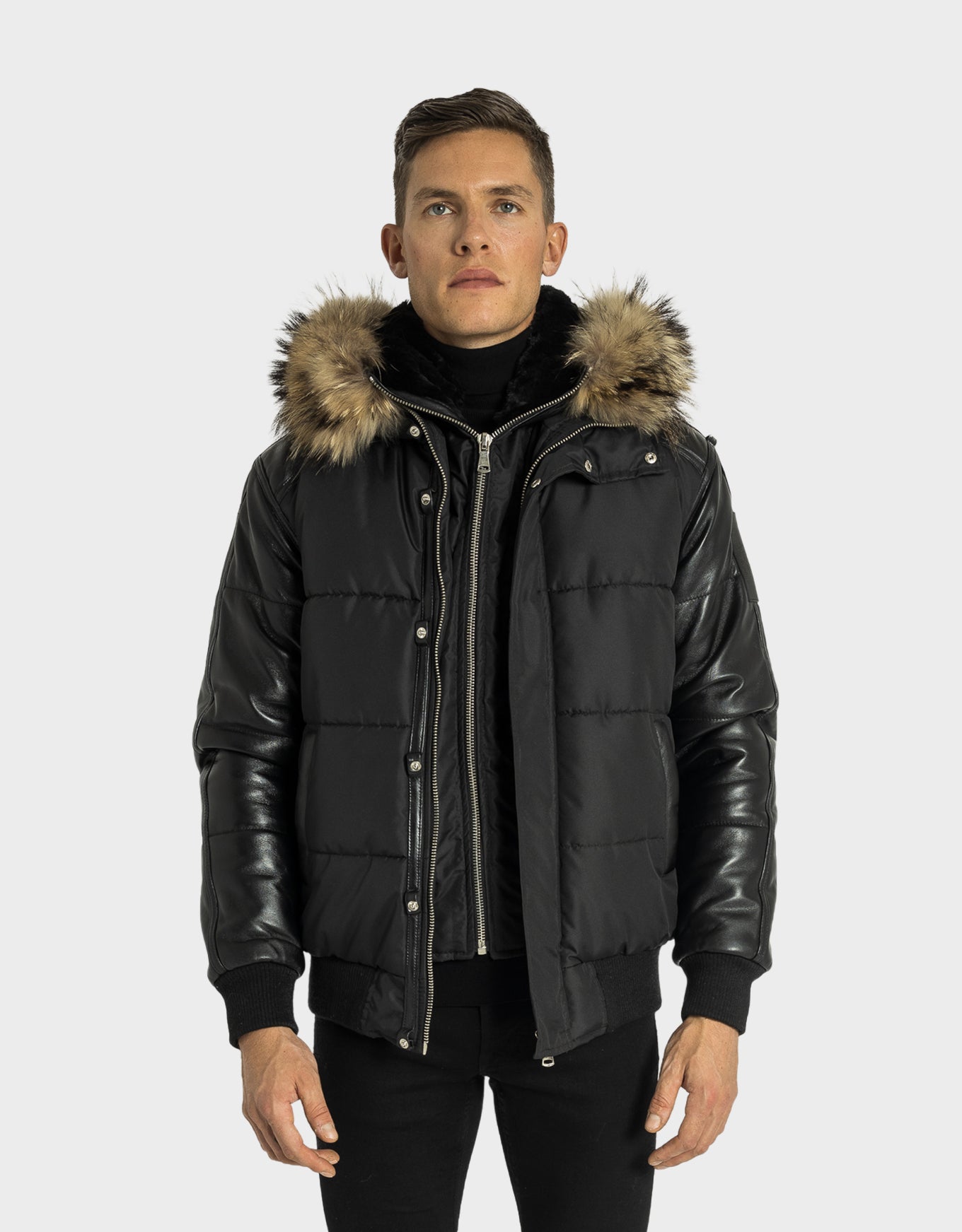 Lorenzo Down Bomber With Leather Sleeves