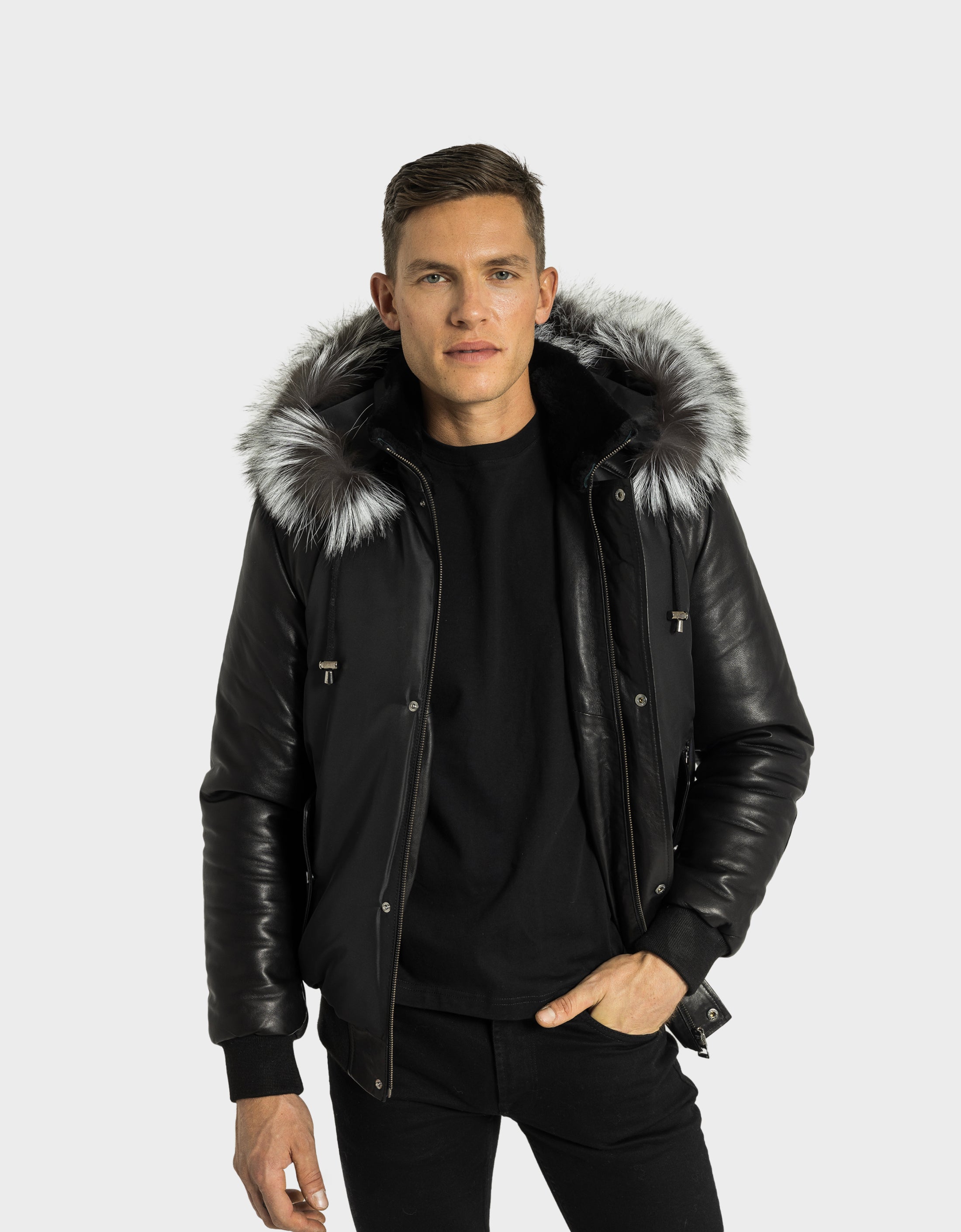 Victor Men's Winter Jacket Leather Sleeves With Silver Fox