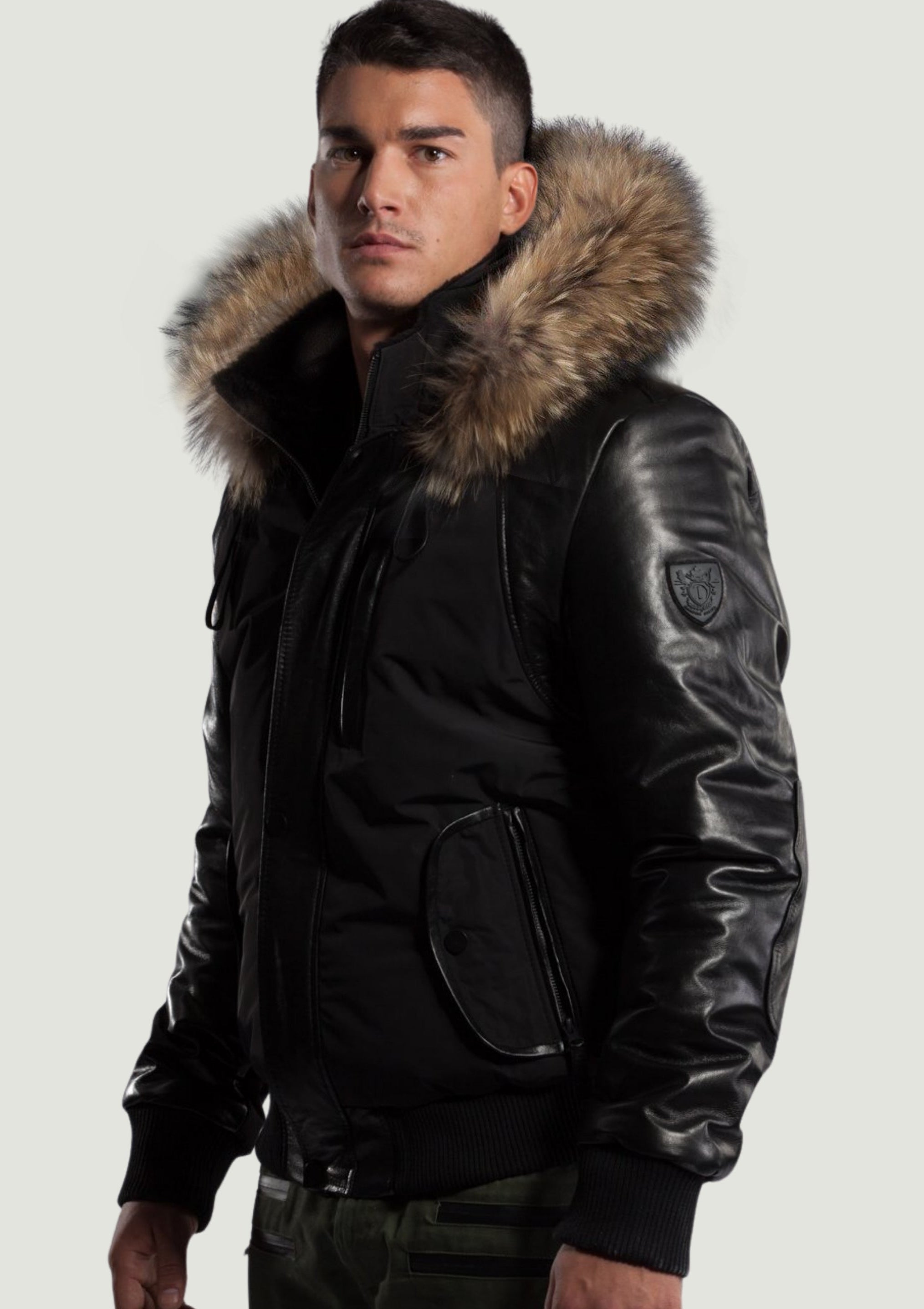 Veste d'hiver Victor pour homme, manches en cuir et fourrure naturelle